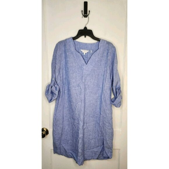 FOXCROFT LINEN Heritage Non-Iron Women Size 16 Blue V-Neck Tunic Shirt Dress - Picture 1 of 5